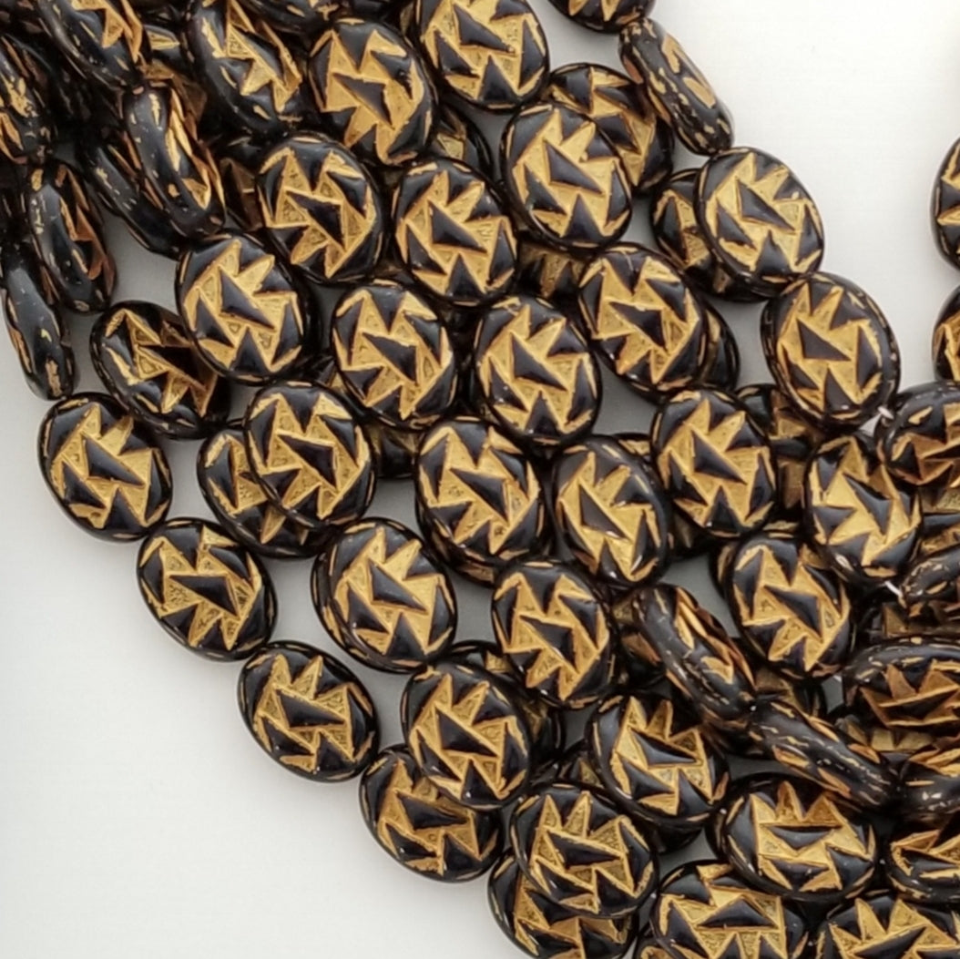 17x13mm Black and Gold Ovals with Triangle Pattern - 25 Beads