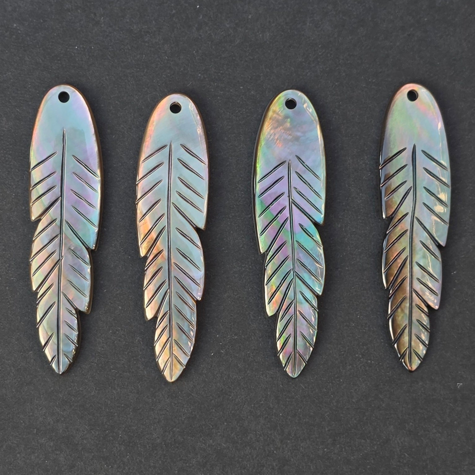 2 Pieces - 40x10mm Carved Feather - Dark Mother of Pearl