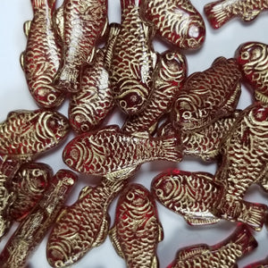28mm Pressed Glass Fish Beads Red and Gold