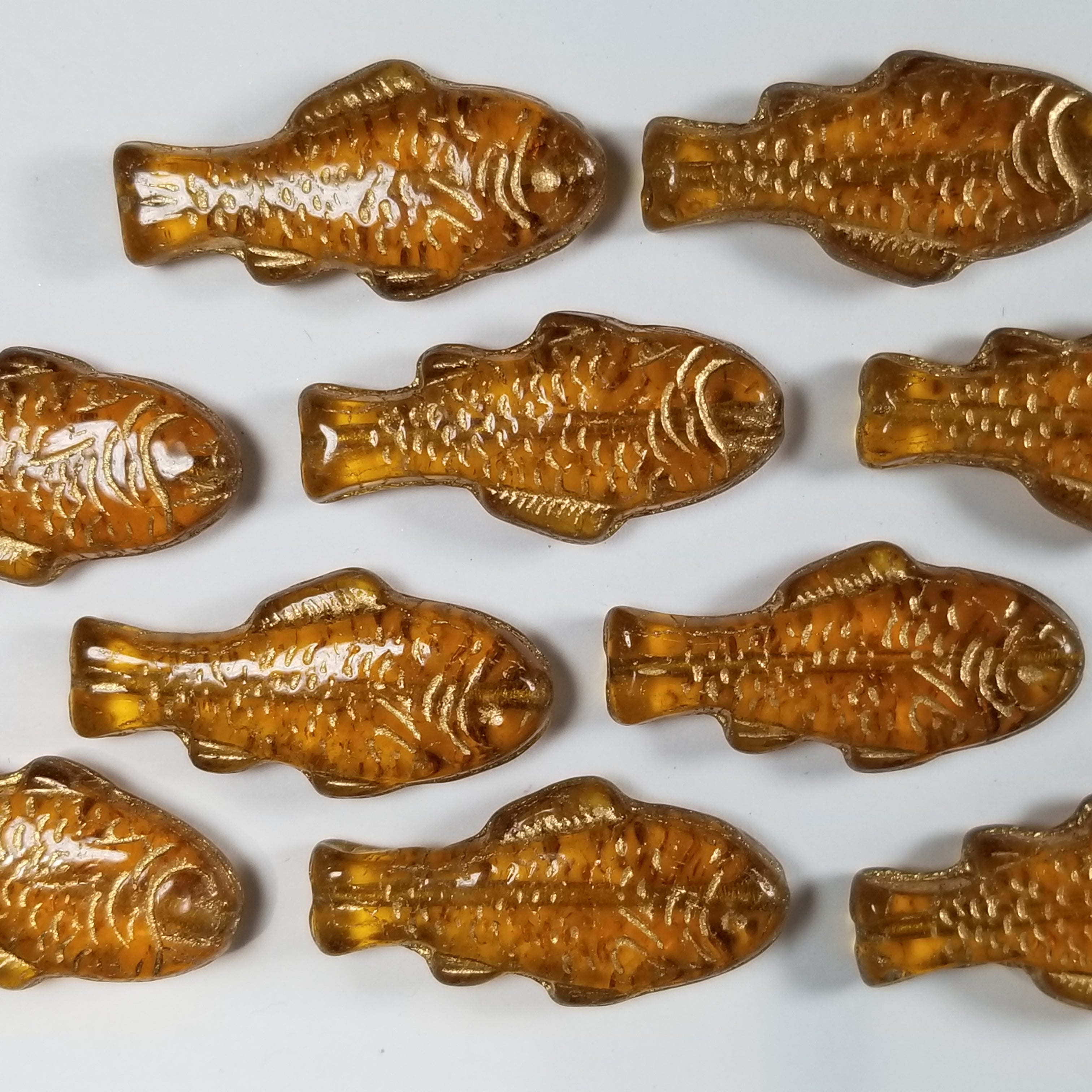 28mm Pressed Glass Fish Beads Topaz and gold