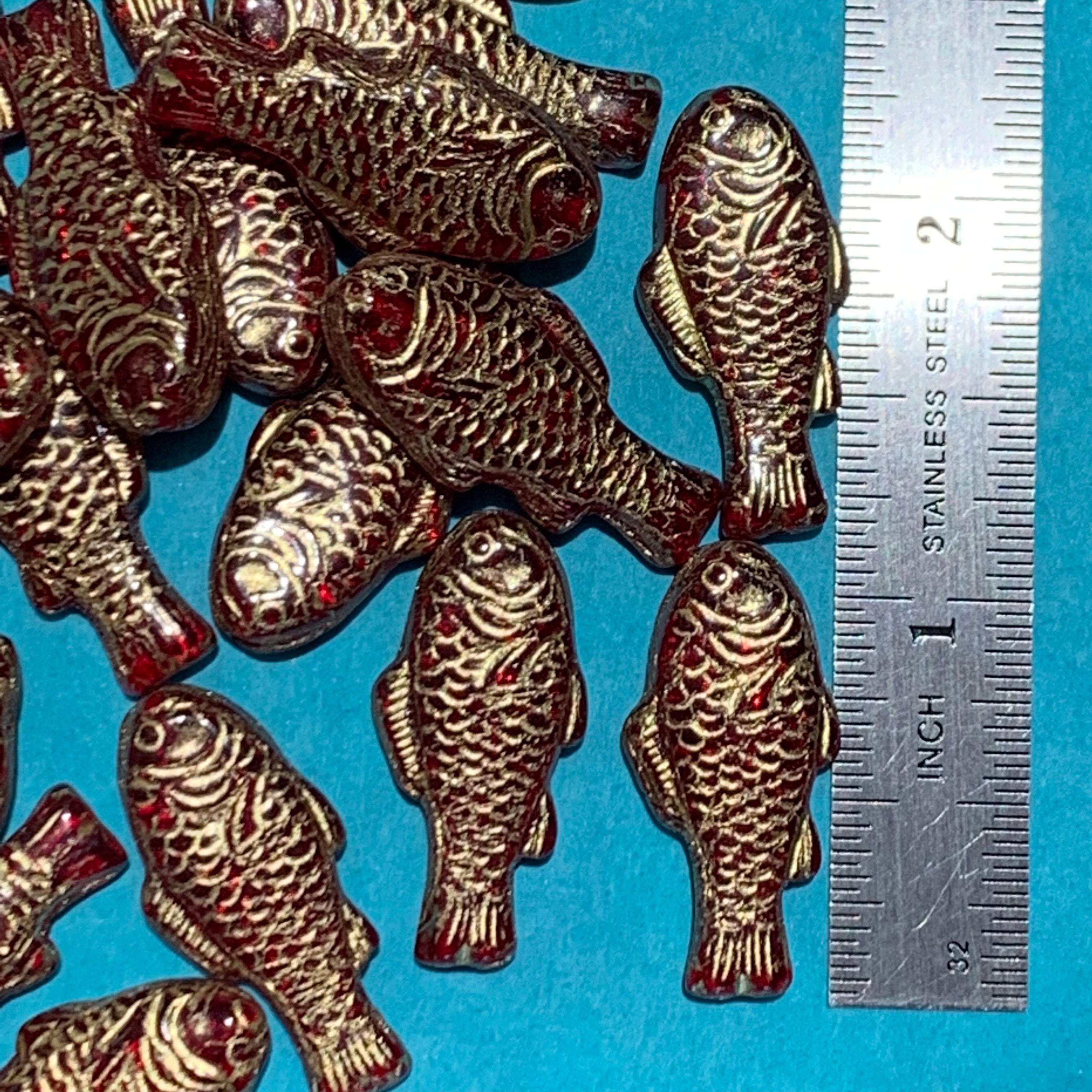 28mm Pressed Glass Fish Beads Red and Gold